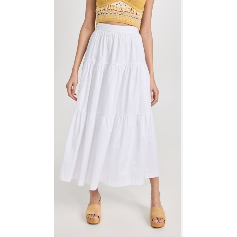 Staud White Cotton Tiered Maxi Skirt 12 New Coastal Chic Resortwear Side Zip